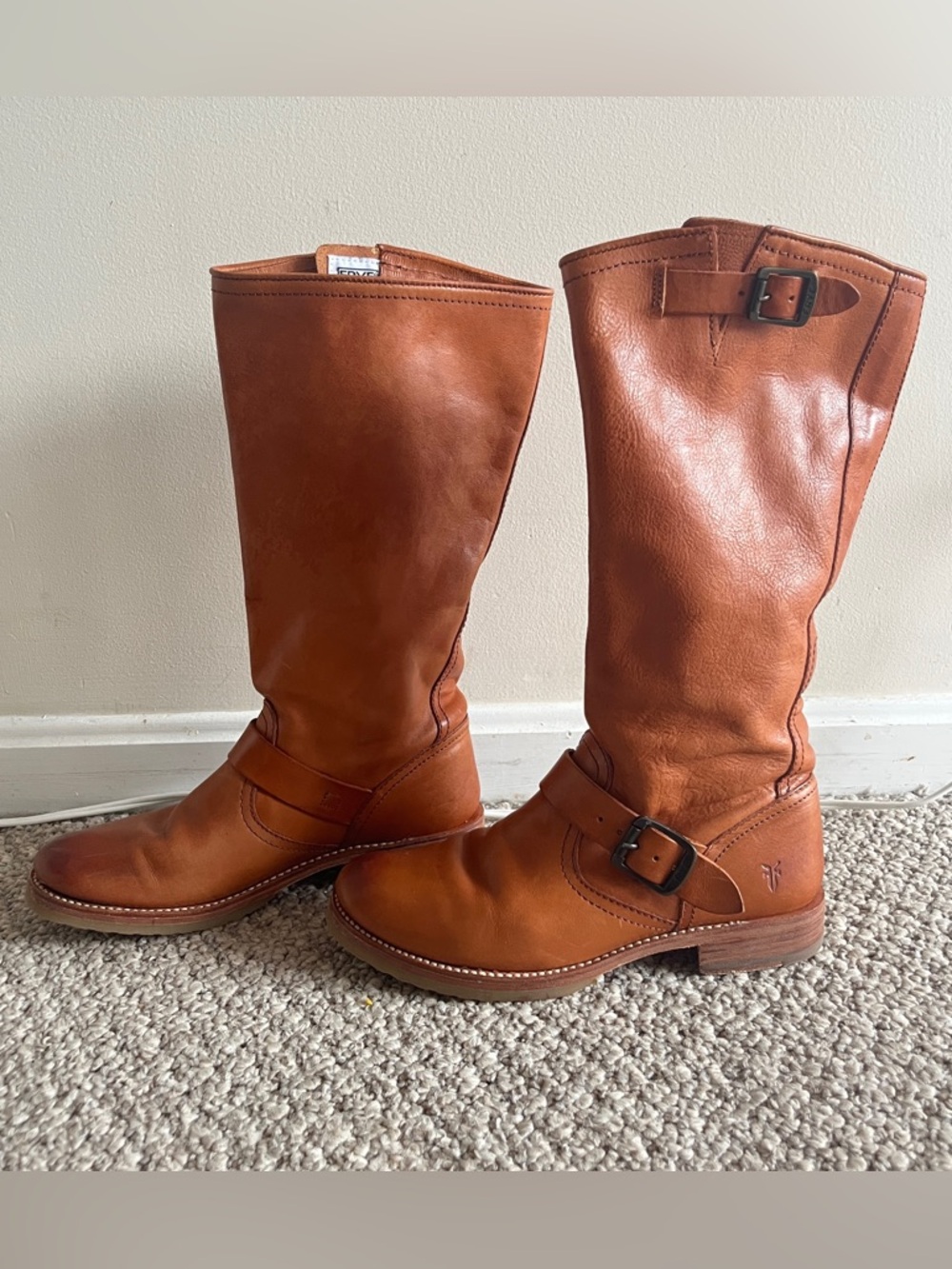 Frye Cognac Brown Leather Mid-Calf Harness Boots
